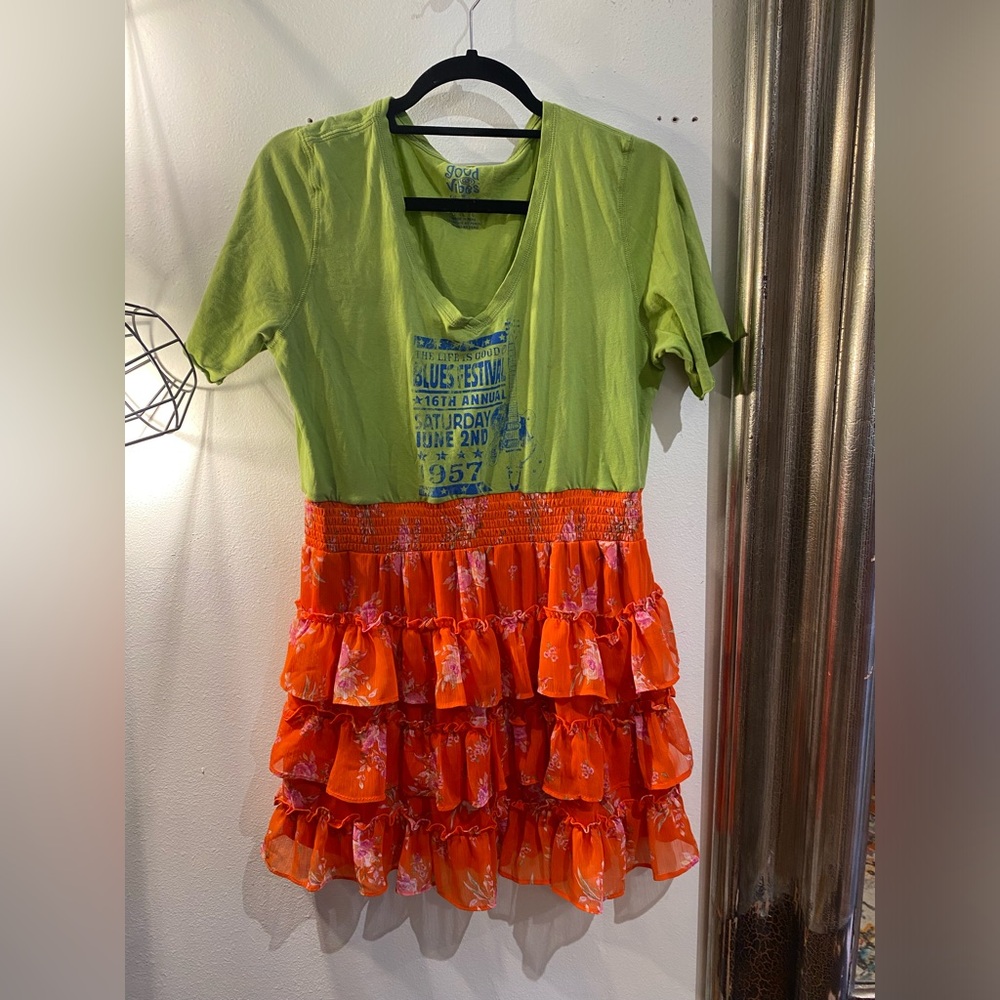 OOAK Upcycled Life is Good Green Graphic Tee with Orange Floral Ruffle Skirt